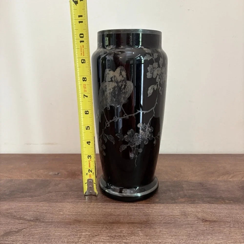 Vintage Czech Black Glass Etched Vase Birds Floral Art Deco Style Slovakia 10" - Picture 7 of 12